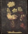 Still Life With Various Flowers In A Bronze Vase On A Ledge - German School