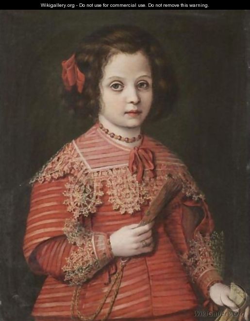 Portrait Of A Young Girl, Half Length, Wearing Red And Holding A Fan And A Glove - North-Italian School