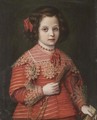 Portrait Of A Young Girl, Half Length, Wearing Red And Holding A Fan And A Glove - North-Italian School