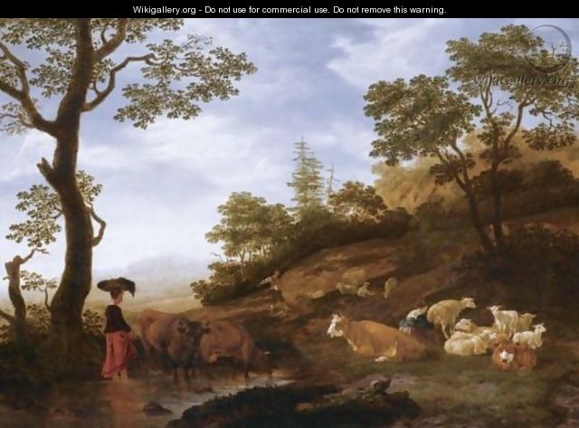 A Landscape With Sheep, Cattle And Herdsmen, With A Town Beyond - Jacob Gerritsz. Von Bemmel