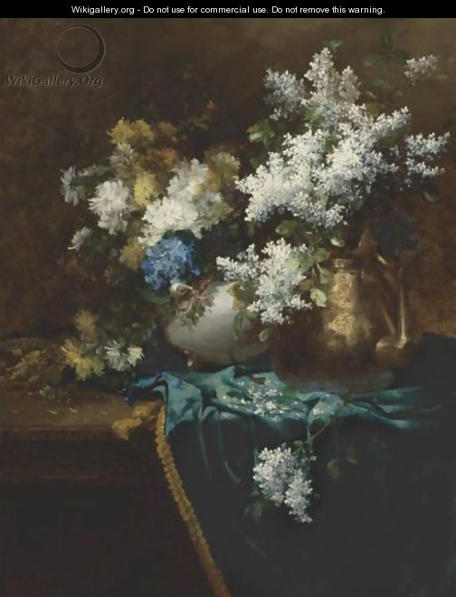 Still Life With Lilacs, Hydrangea And Chrysanthemums - Jean-Baptiste Robie