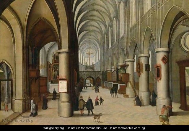 A Church Interior With Figures Strolling - (after) Hendrick Van Steenwijck I