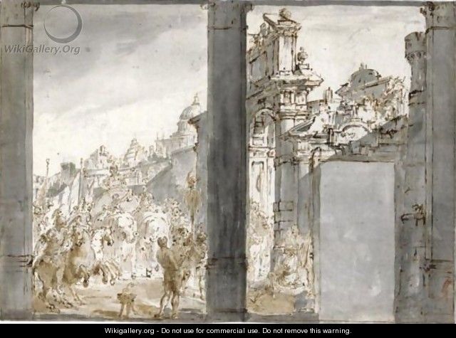 A Stage Design With The Triumphal Return Of An Emperor To A Classical City - German School