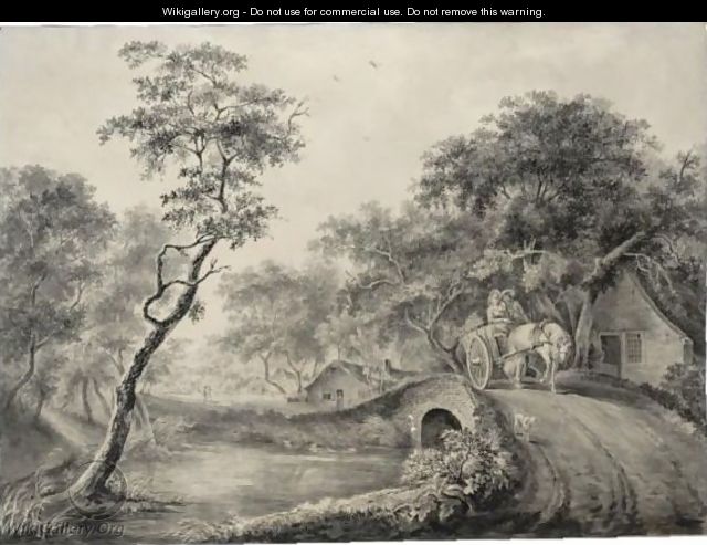 River Landscapes A Couple Driving A Hay Cart Over A Bridge In Woodland, And Figures On A Frozen River By A Farm - M.J. Gilhuijs