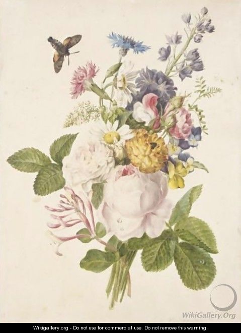 Still Life Of A Bunch Of Flowers, With Roses, Honeysuckle And Ox-Eye Daisies - (after) Gerard Van Spaendonck