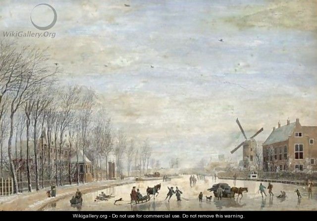 Winter Landscape With Skaters And Sledges On A Frozen River Running Through A Town - Abraham Rademaker