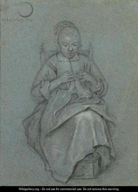 A Seated Young Woman Embroidering A Cloth, Her Feet Resting On A Foot-Warmer - Quiringh Gerritsz. van Brekelenkam