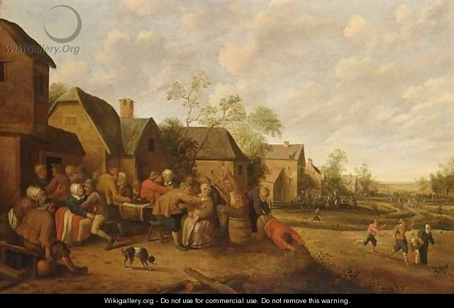 A Village Street With Peasants Drinking Outside An Inn - Joost Cornelisz. Droochsloot