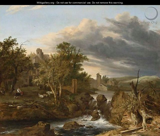 A Landscape With A Waterfall, A Farmhouse To The Left With A Shepherd And Shepherdess Resting Together With Their Flock - Haarlem School