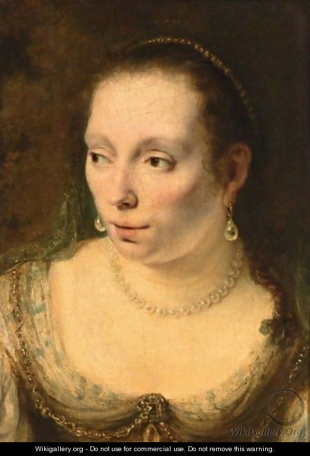A Portrait Of A Lady, Head And Shoulders, Wearing Pearl Jewellery, Probably Johanna De Geer (1627-1691) - Ferdinand Bol