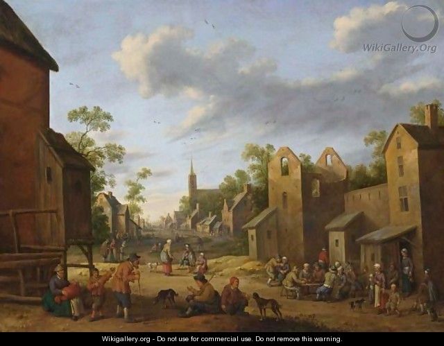 A Village Street Scene With Peasants Drinking Outside An Inn, A Beggar Woman In The Foreground, A View Of A Church Tower Beyond - Joost Cornelisz. Droochsloot