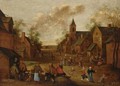 A Village Street With Peasants Conversing And Drinking Near An Inn, A Church To The Right - Cornelius Droochsloot