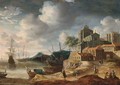 A Capriccio Coastal Landscape With Classical Buildings, With A State Yacht And Other Shipping, Figures On A Path Towards City Walls - Anthonie Beerstraten