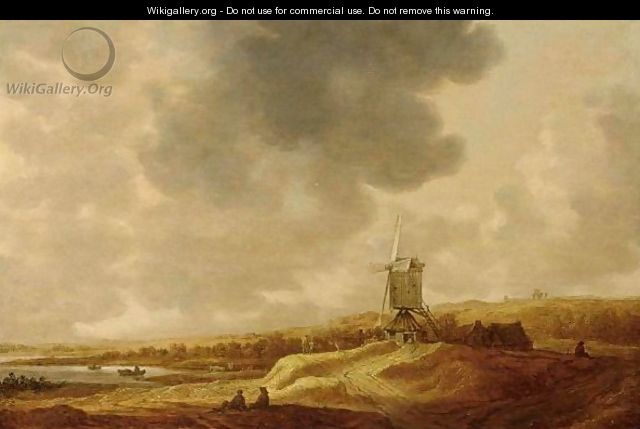A Panoramic River Landscape With A Windmill And Travellers Resting In The Foreground - (after) Johannes Pieterszoon Schoeff