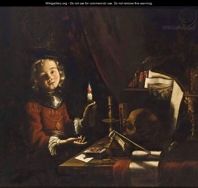 A Vanitas Still Life Of A Young Boy Holding A Candle In Front Of A Table With Playing Cards - (after) Adam De Coster