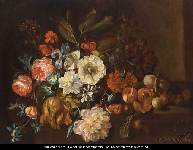 A Still Life Of Roses, Small Morning Glory, Tulips, Red Turban Cup Lilies, An Iris And Other Flowers - Justus van Huysum
