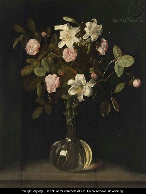 A Still Life Of Roses And Lilies In A Glass Vase On A Stone Ledge - Dutch School