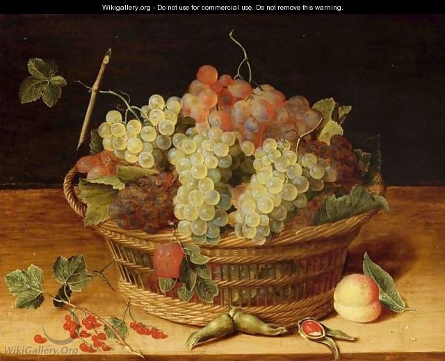 A Still Life With Blue And White Grapes In A Basket, Together With Red Currants, Hazelnuts And A Peach, All On A Wooden Ledge - (after) Isaak Soreau