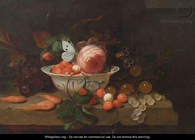 A Stil Life With A Porcelain Bowl With Strawberries, A Rose And A Butterfly, A Wineglass, Grapes, Prawns, Gooseberries, All On A Stone Ledge - Jan Mortel