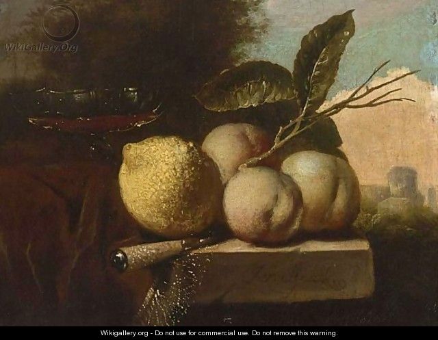A Still Life Of A Lemon, Peaches, A Venetian Glass And A Knife, All On A Stone Ledge Draped With A Red Cloth, In A Landscape - Juriaan Van Streek