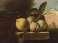 A Still Life Of A Lemon, Peaches, A Venetian Glass And A Knife, All On A Stone Ledge Draped With A Red Cloth, In A Landscape - Juriaan Van Streek