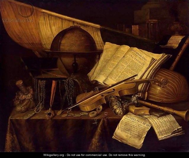 A Vanitas Still Life With Books And Leaflets, A Globe, A Princely Flag, A Musical Score, Musical Instruments - Edwart Collier