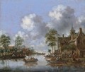 A Village Scene With Figures In Rowing Boats On A River - Thomas Heeremans