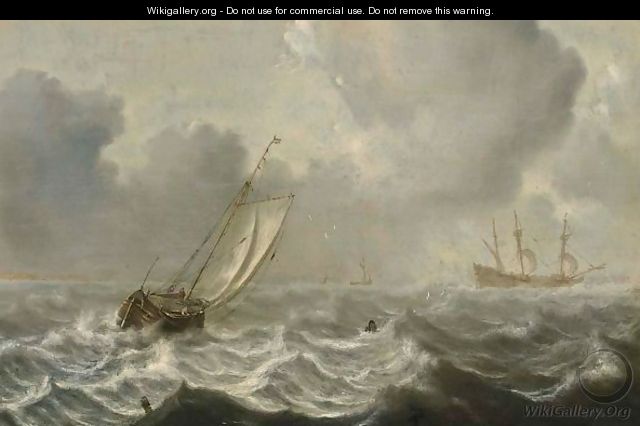 A Smallschip And A Frigate In Stormy Waters - Jan Porcellis