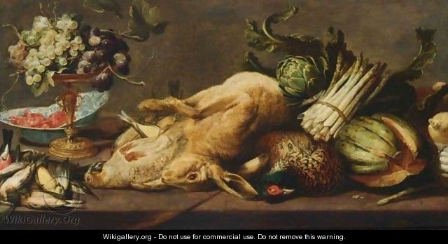 A Still Life Of A Hare, A Pheasant, A Partridge, Song Birds, Asparagus, A Melon, Artichokes, Together With A Silver-Gilt Tazza - Frans Snijders