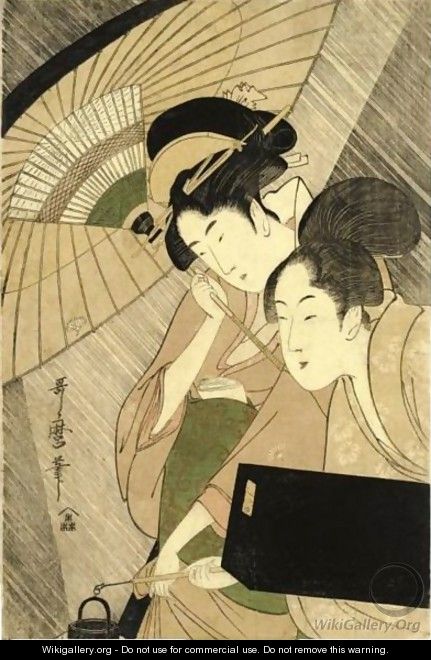 Geisha And Attendant On A Rainy Night - Kitagawa Utamaro