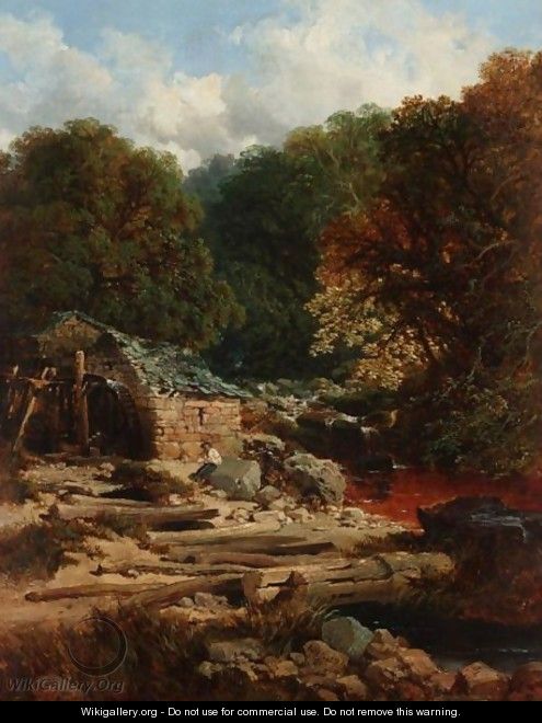 River Landscape With A Fisherman Beside A Watermill - Edmund John Niemann, Snr.