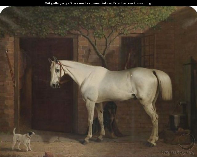 A Grey Hunter Outside The Stables With Two Dogs - Thomas Woodward