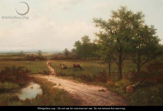 Landscape With Cows And A Watering Pool - Hendrik Pieter Koekkoek