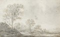 Landscape With Cottages By Tall Trees Towards The Left, Figures To The Right - Cornelis Symonsz van der Schalcke
