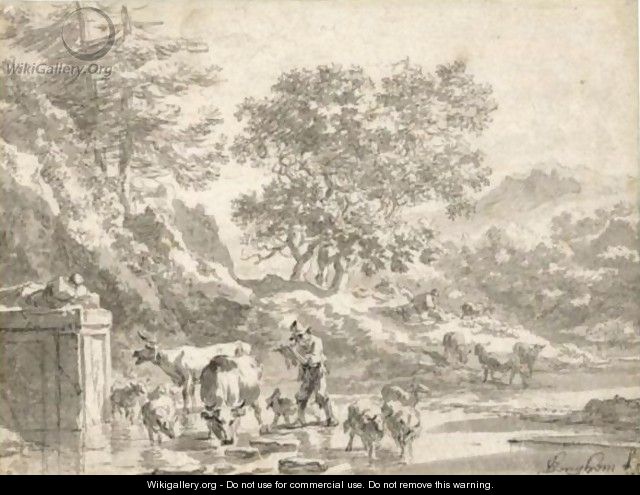 A Shepherd Playing The Flute, Crossing A Ford With His Flock - Nicolaes Berchem