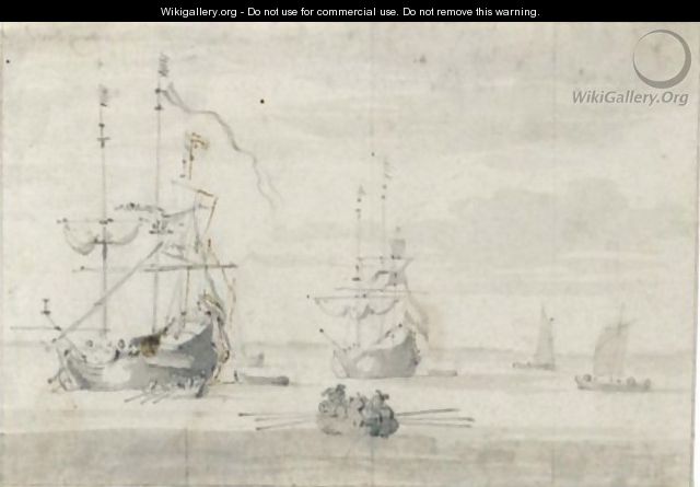 Two States Yachts In Calm Waters, With Smaller Vessels To The Left And A Barge In The Foreground - Willem van de, the Elder Velde