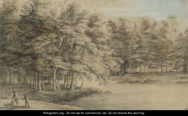 Wooded Landscape With Two Men Hawking By A Pond - Lucas Van Uden