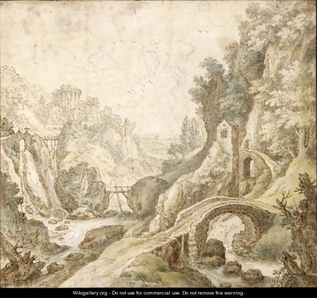 An Italianate River Landscape, With Rustic Stone Bridges In The Foreground, And A Temple In The Distance - (after) Joos De Momper