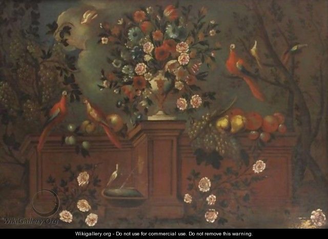 Still Life With Flowers, Birds And Fruit - Spanish School