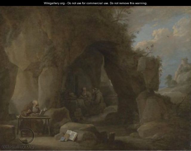 Hermits Writing In A Rocky Landscape - David The Younger Teniers