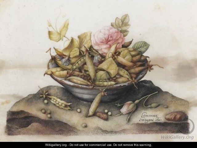 A Still Life With A Bowl Of Sugar-Snap Peas, And Pink Roses - Giovanna Garzoni