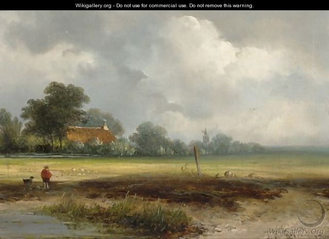 A Hunter With His Dog In A Polder Landscape - Johannes Franciscus Hoppenbrouwers