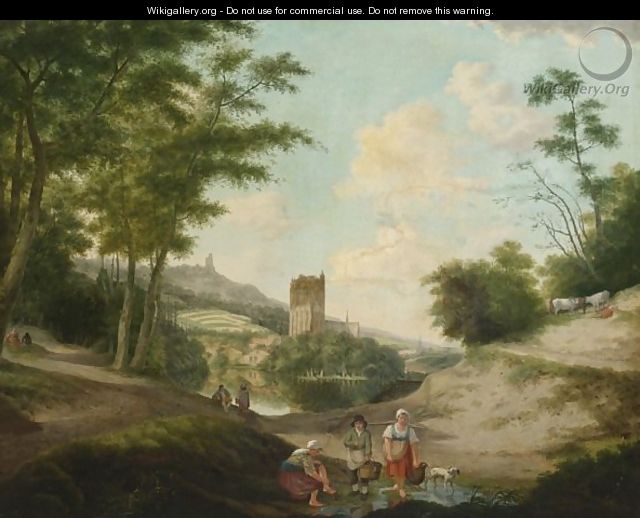 Washerwomen In A River Landscape, A Ruin Of A Cathedral Beyond - German School