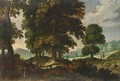 A Forest Landscape With Travellers, And Sportsmen With Their Dogs - School Of Brussels