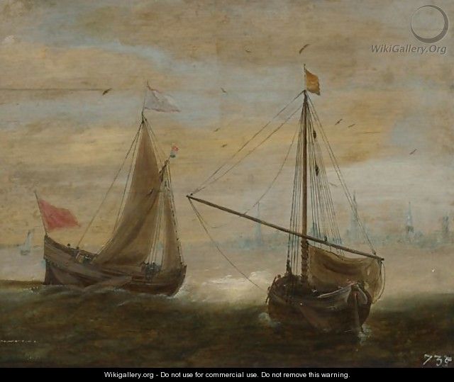 Two Small Ships In Front Of A Dutch Town - (after) Hans Goderis