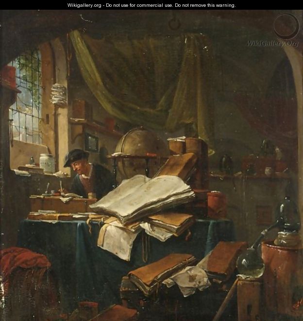 An Alchemist In His Study, A Still Life Of Books, Pots And Pans And Books In The Foreground - Thomas Wijck