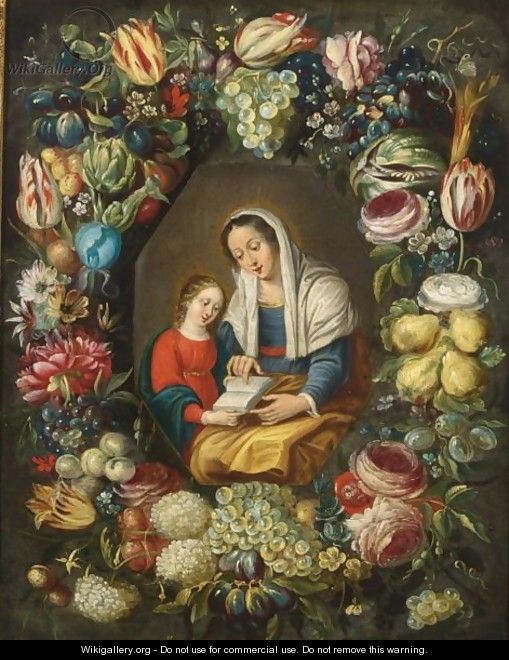 The Madonna And Child Surrounded By A Garland Of Different Flowers And Fruits - (after) Phillipe De Marlier