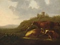 A Hilly Landscape With A Shepherdess Resting With Her Cattle, A View Of A Town Beyond - (after) Aelbert Cuyp