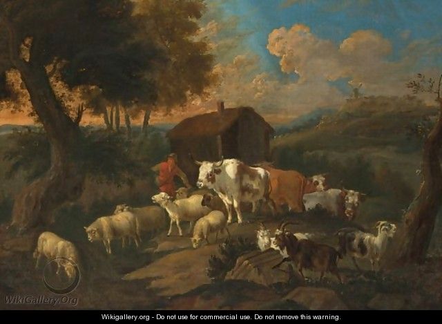 A Peasant With Sheep And Goats Near A Farmstead In A Hilly Summer Landscape - (after) Dirck Van Bergen