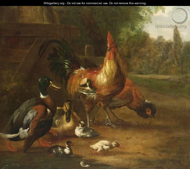 Ducks, A Cockerel And A Chicken In A Landscape - (after) Melchior D
